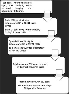 A comparison between neurological clinical signs, cerebrospinal fluid analysis, cross-sectional CNS imaging, and infectious disease testing in 168 dogs with infectious or immune-mediated meningoencephalomyelitis from Brazil